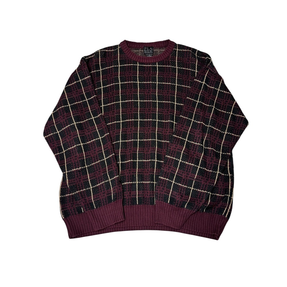 Jos‎ A Bank Mens Plaid Crewneck Sweater Burgundy Black M 100% Cotton Italy
